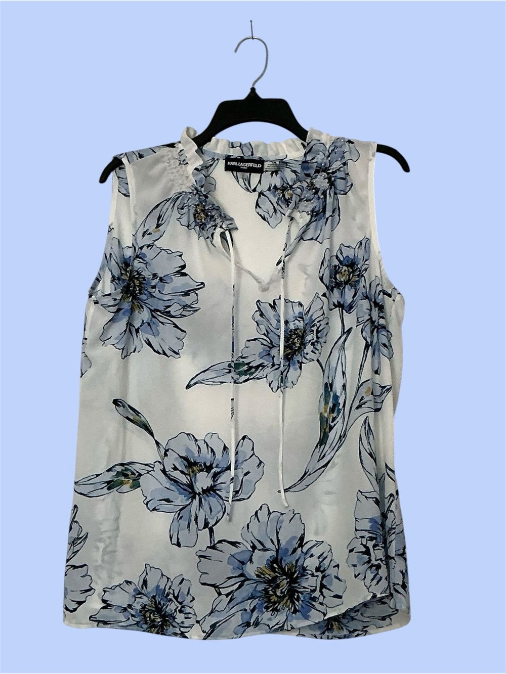 Karl Lagerfeld - NWOT - White and Blue Floral Tie-Neck Sleeveless Top